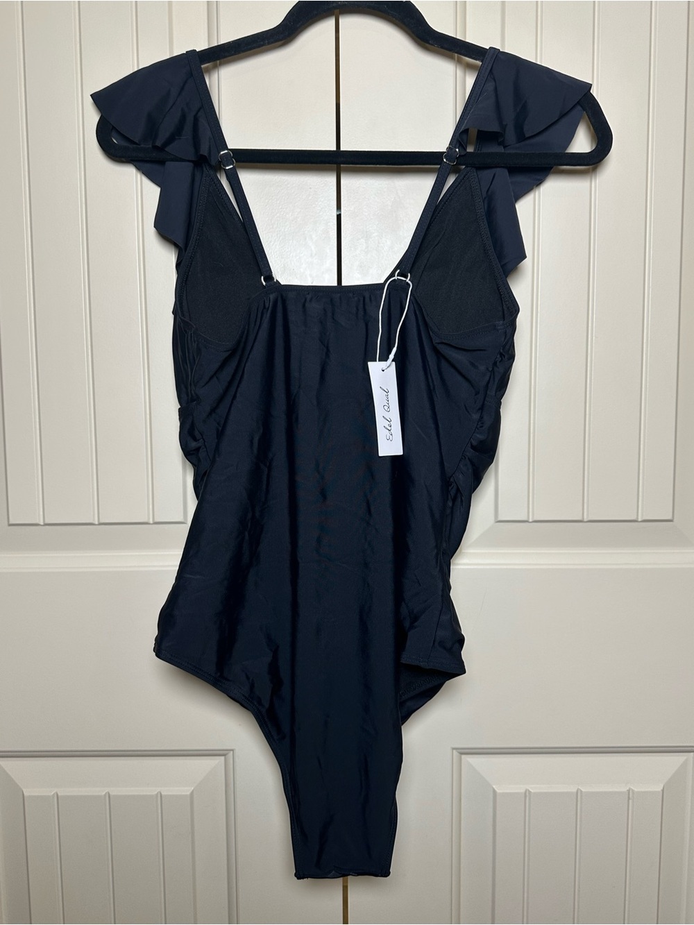 Edel Qual Women’s One Piece Black Swimsuit With Ruffle Accent And Ruched Sides L - Picture 8 of 15